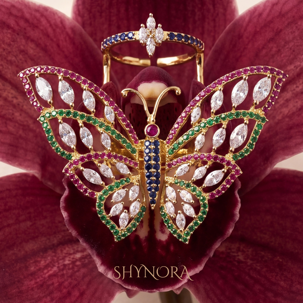 Multicolor Gemstone Butterfly Halo Adjustable Cocktail Ring – Shynora By Shivali
