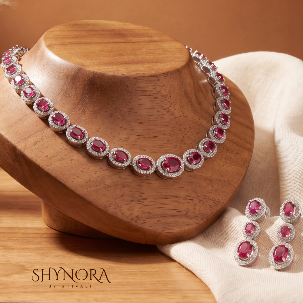 Ruby Pink Oval Cluster Necklace Set – Shynora By Shivali