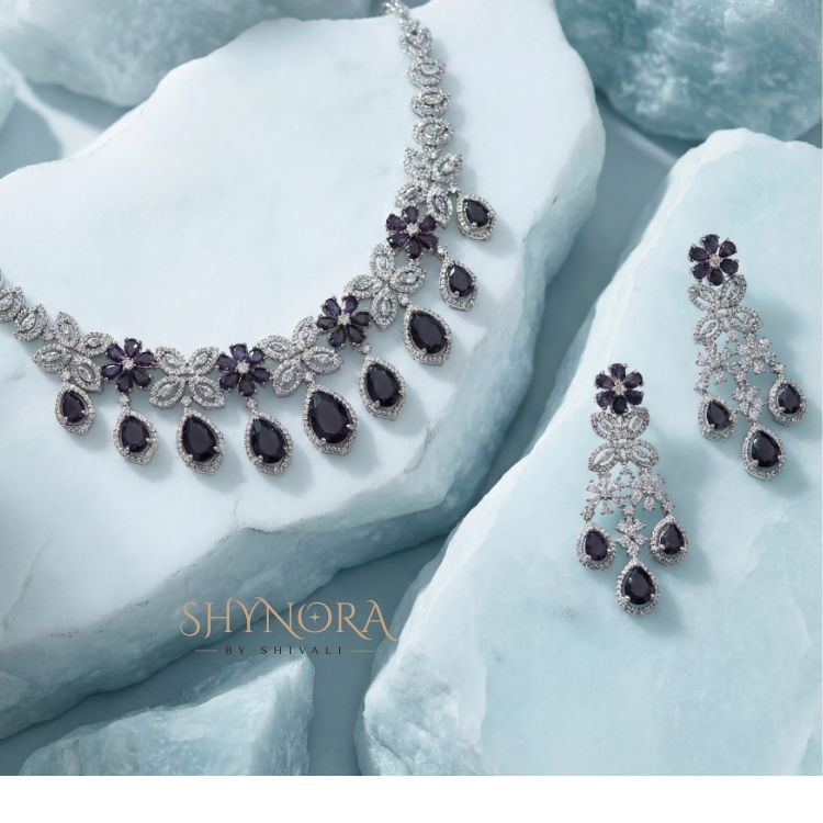 Midnight Purple Floral Teardrop Necklace Set with Earrings & Maang Tikka