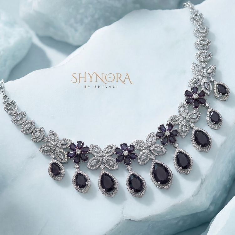 Midnight Purple Floral Teardrop Necklace Set with Earrings & Maang Tikka