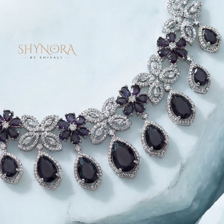 Midnight Purple Floral Teardrop Necklace Set with Earrings & Maang Tikka
