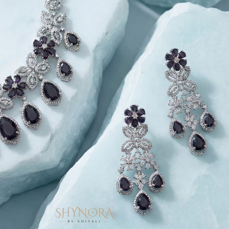 Midnight Purple Floral Teardrop Necklace Set with Earrings & Maang Tikka