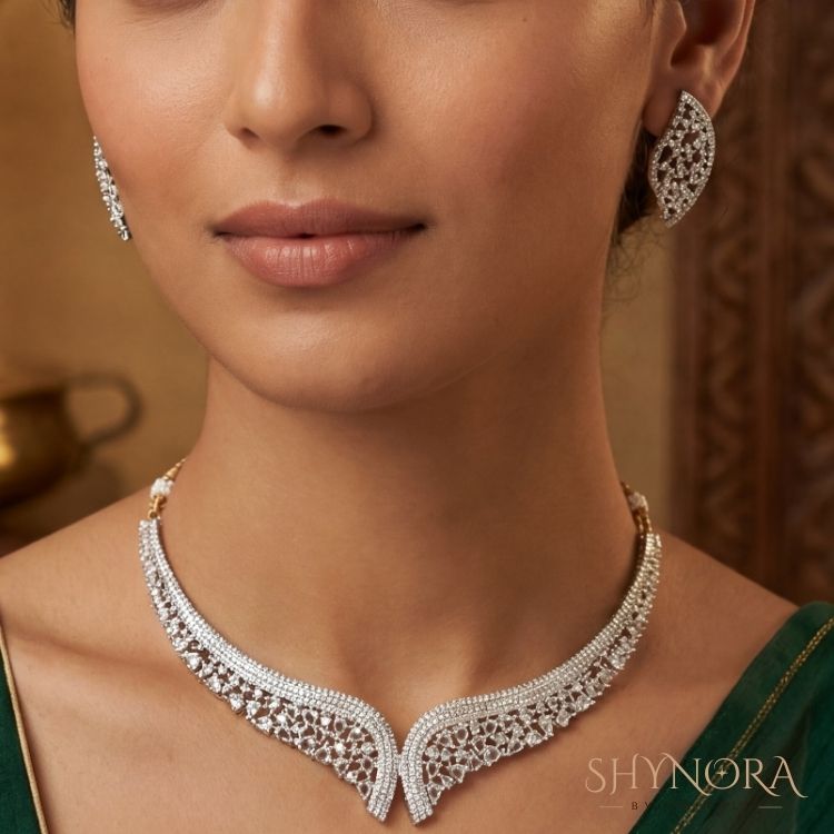 Silver Leaf AD Choker Set with Maang Tikka