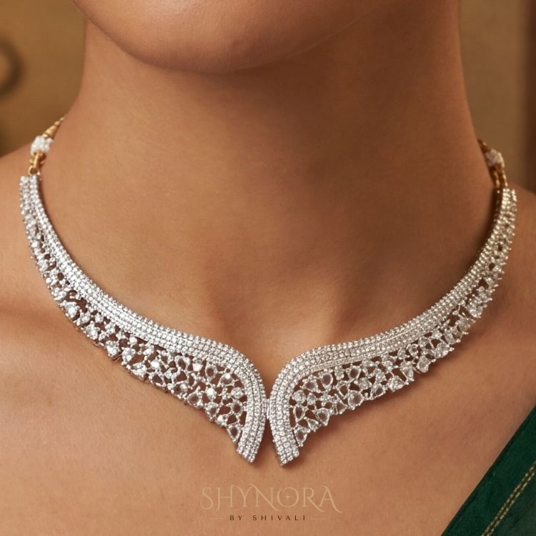 Silver Leaf AD Choker Set with Maang Tikka