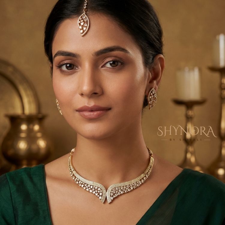 Golden BIG Leaf AD Choker Set with Maang Tikka