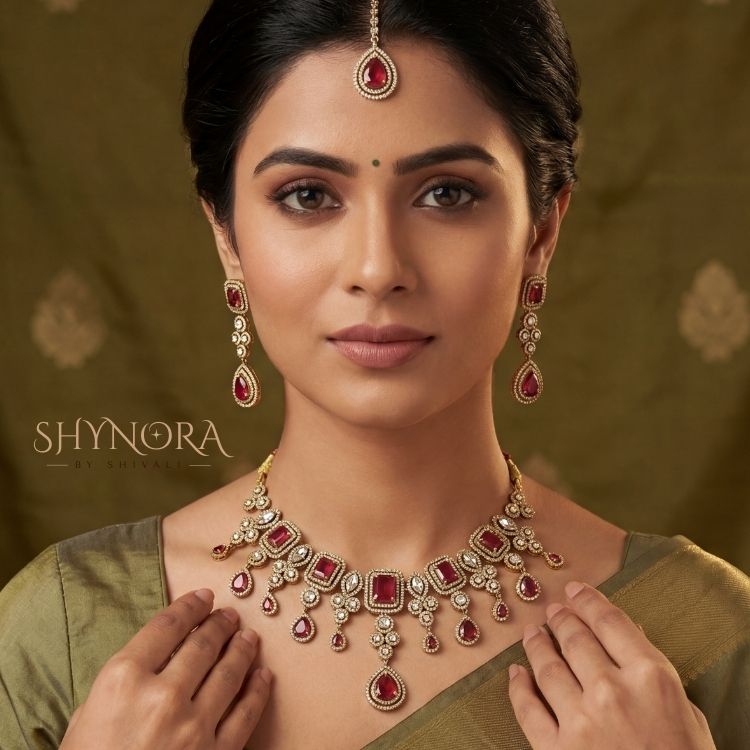 Ruby Red AD Necklace Set with Maang Tikka