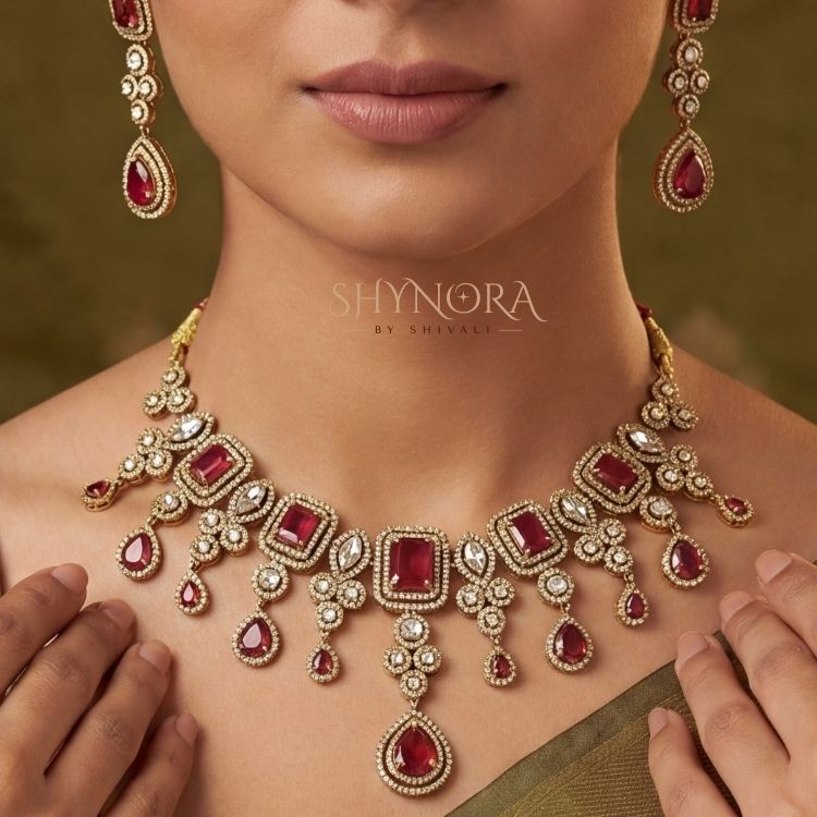 Ruby Red AD Necklace Set with Maang Tikka
