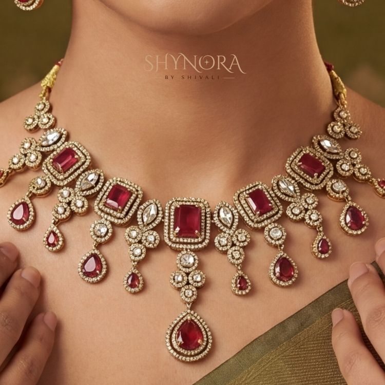 Ruby Red AD Necklace Set with Maang Tikka
