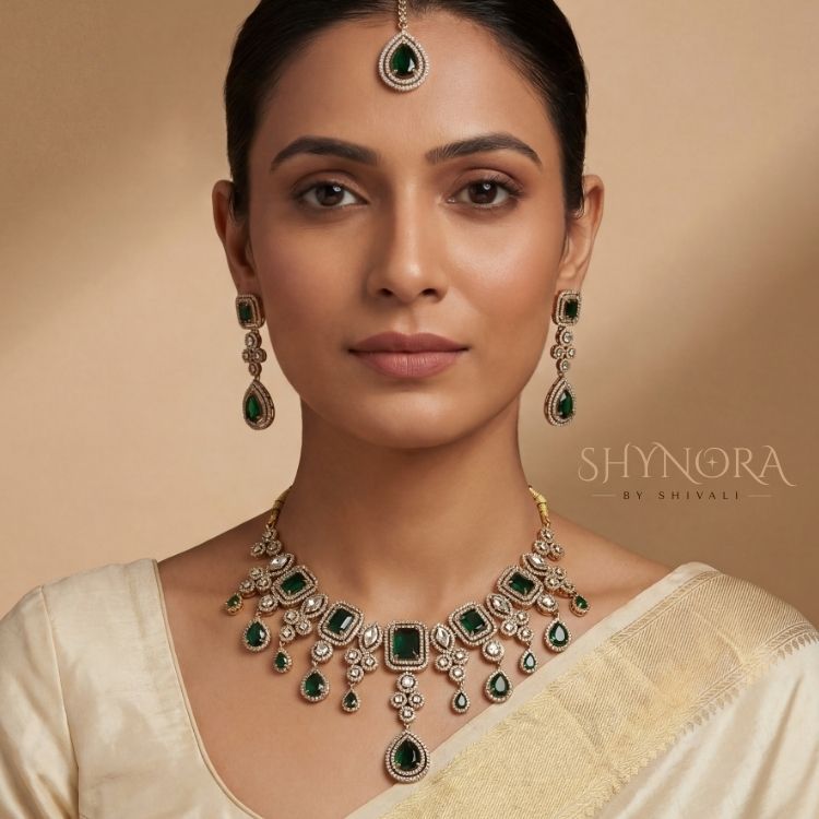 Emerald Green AD Necklace Set with Maang Tikka