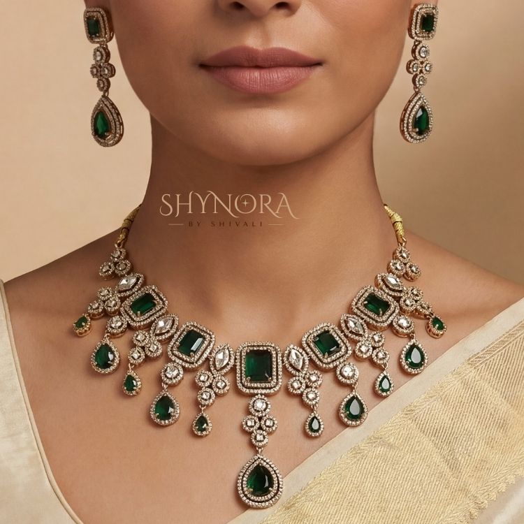 Emerald Green AD Necklace Set with Maang Tikka