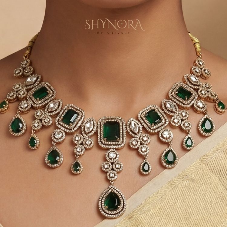 Emerald Green AD Necklace Set with Maang Tikka