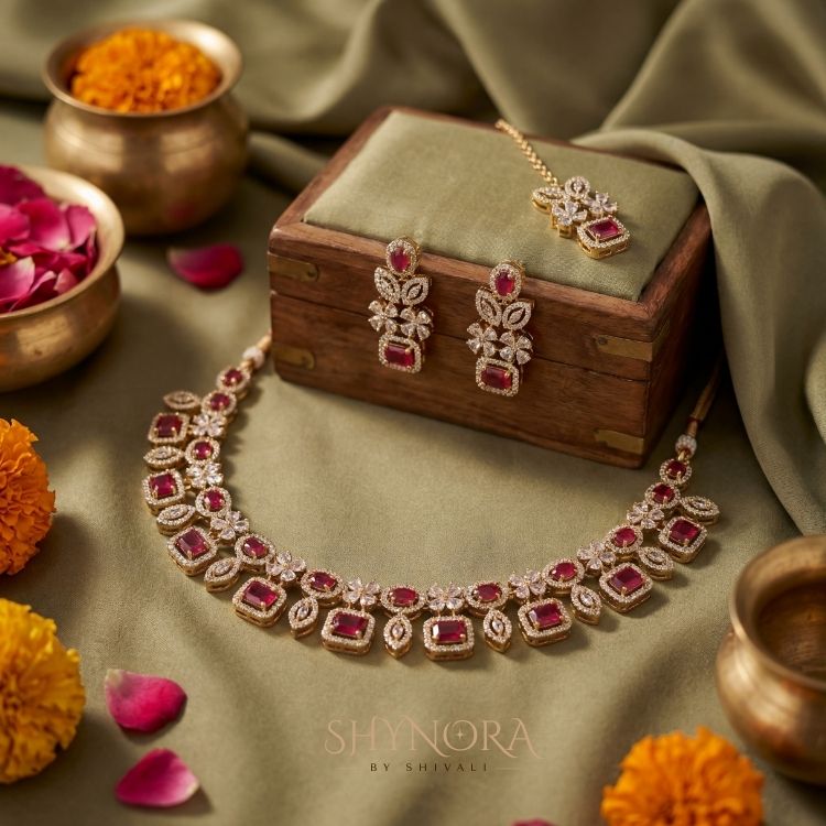 Classic Ruby Square Stone AD Necklace Set with Maang Tikka