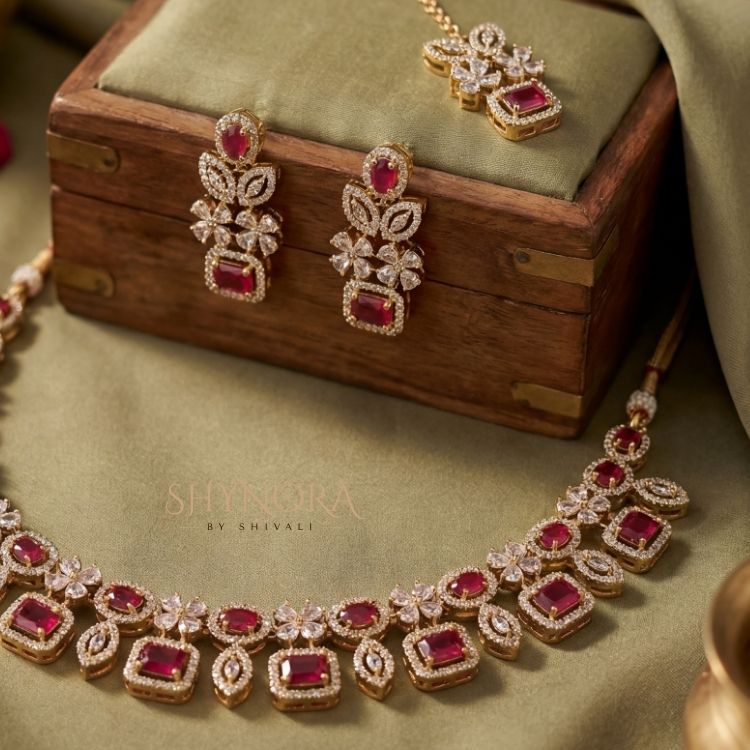 Classic Ruby Square Stone AD Necklace Set with Maang Tikka