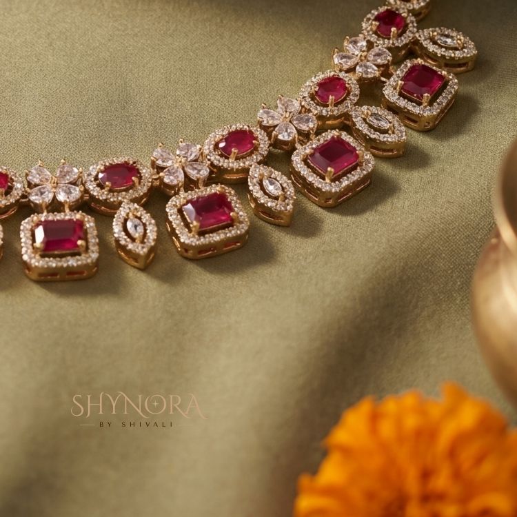 Classic Ruby Square Stone AD Necklace Set with Maang Tikka