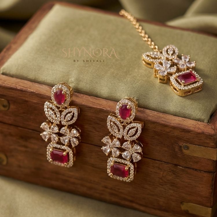 Classic Ruby Square Stone AD Necklace Set with Maang Tikka