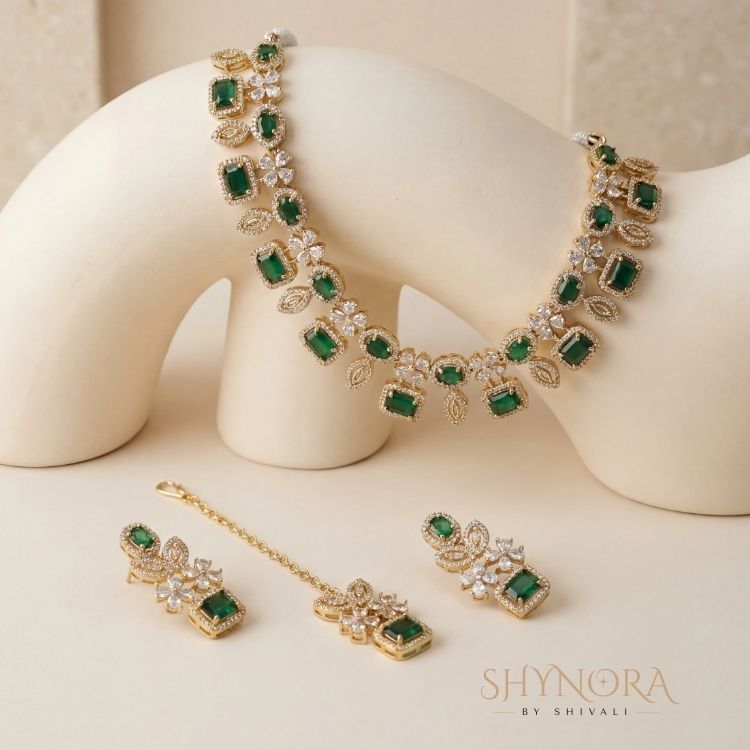 Classic Emerald Square Stone AD Necklace Set with Maang Tikka