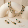 Classic Emerald Square Stone AD Necklace Set with Maang Tikka