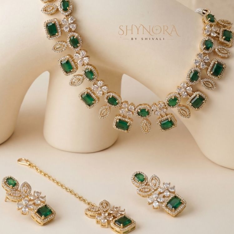Classic Emerald Square Stone AD Necklace Set with Maang Tikka