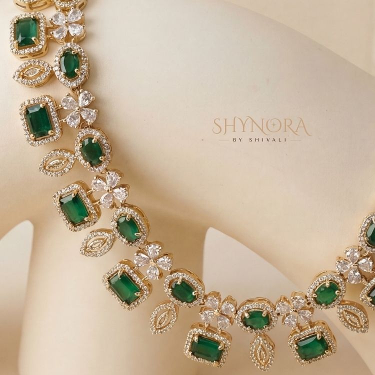 Classic Emerald Square Stone AD Necklace Set with Maang Tikka