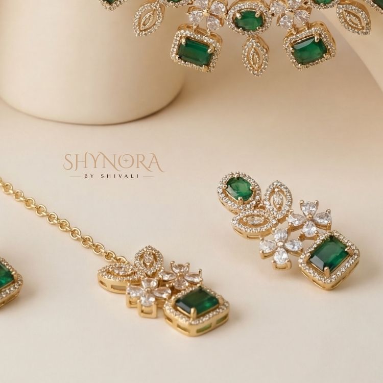 Classic Emerald Square Stone AD Necklace Set with Maang Tikka