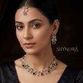 Classic Multicolor Square Stone AD Necklace Set with Maang Tikka