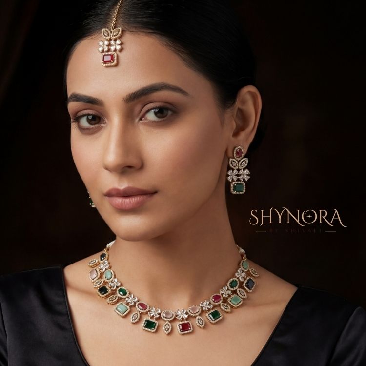 Classic Multicolor Square Stone AD Necklace Set with Maang Tikka
