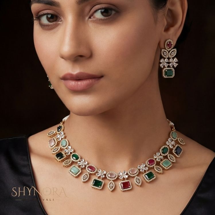Classic Multicolor Square Stone AD Necklace Set with Maang Tikka