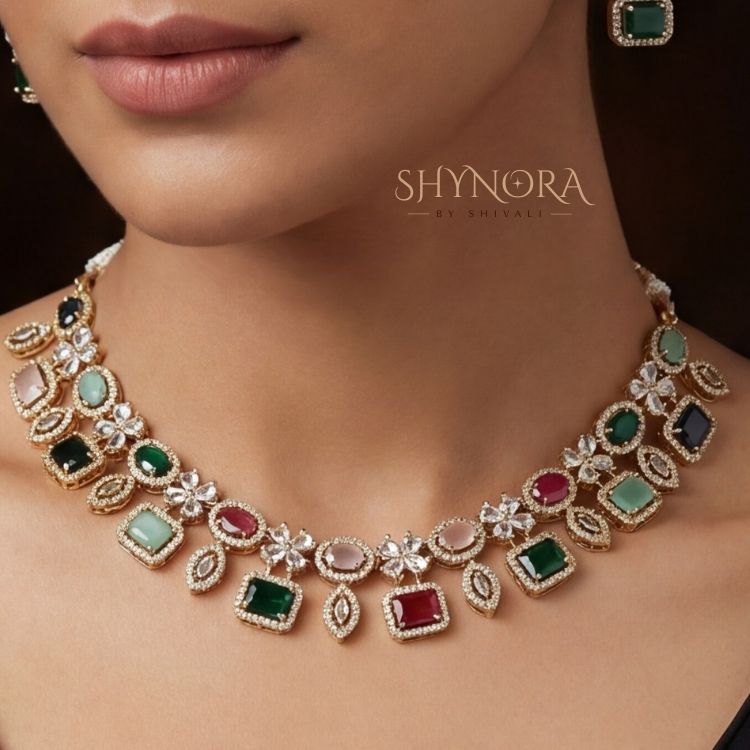 Classic Multicolor Square Stone AD Necklace Set with Maang Tikka