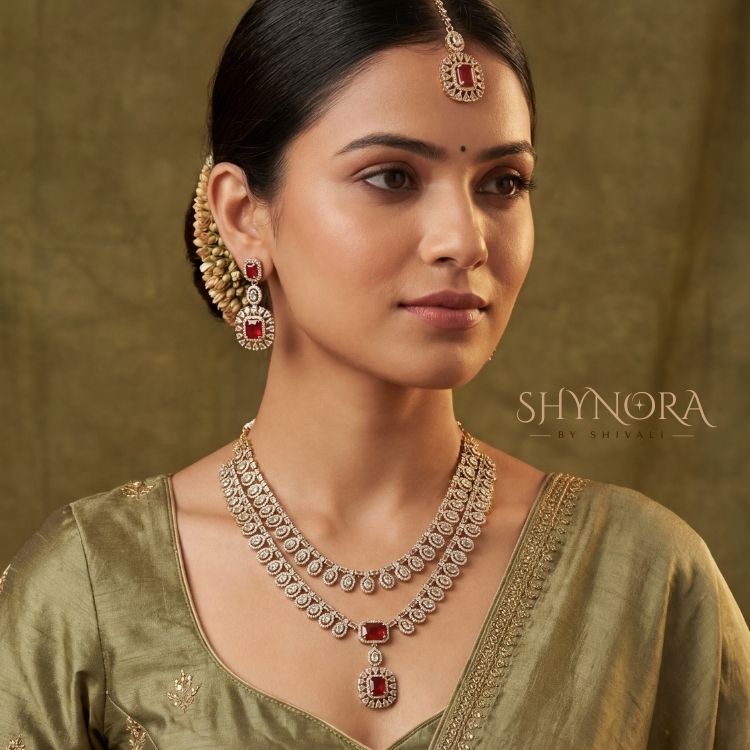 Ruby Red AD Layered Necklace Set with Maang Tikka