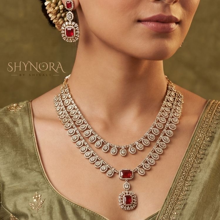 Ruby Red AD Layered Necklace Set with Maang Tikka