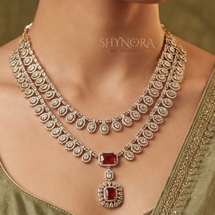Ruby Red AD Layered Necklace Set with Maang Tikka