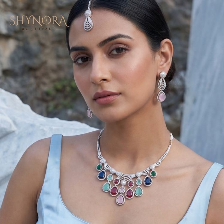 Pastel Multicolor AD Necklace Set with Maang Tikka