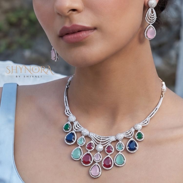 Pastel Multicolor AD Necklace Set with Maang Tikka