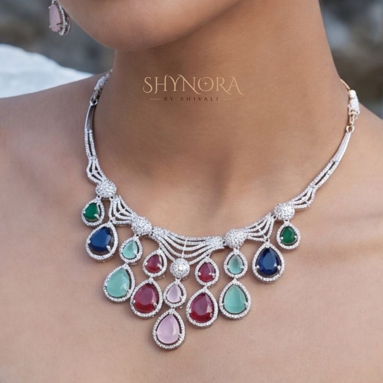 Pastel Multicolor AD Necklace Set with Maang Tikka