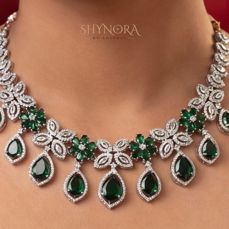 Emerald Green Floral Teardrop Necklace Set with Earrings & Maang Tikka