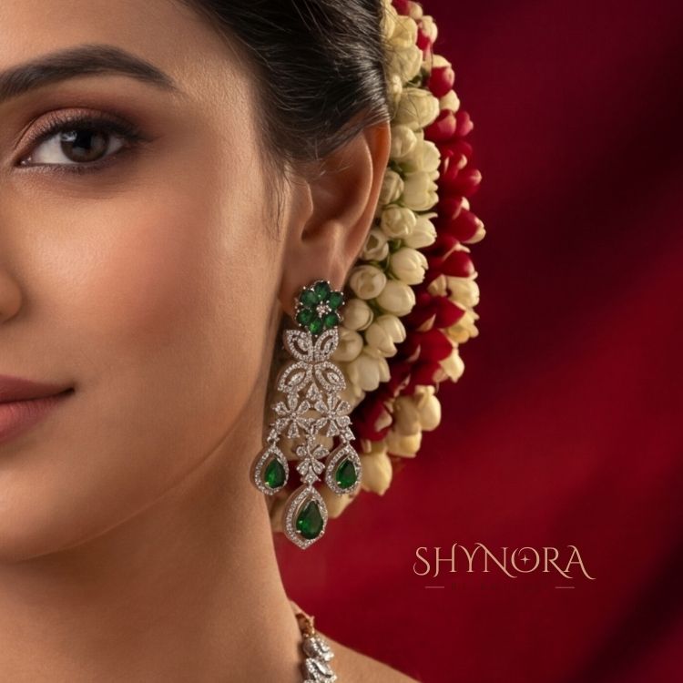 Emerald Green Floral Teardrop Necklace Set with Earrings & Maang Tikka