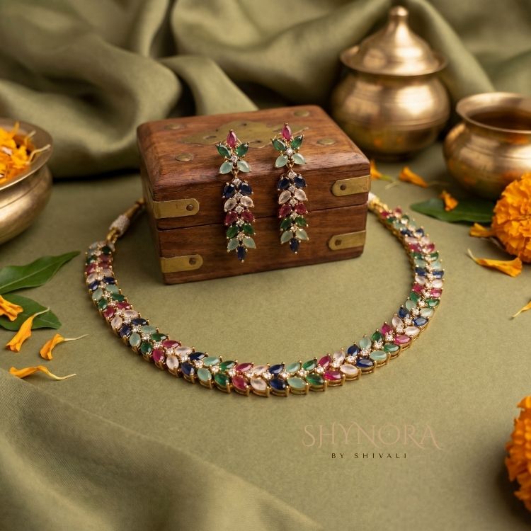 Multicolour AD Stone Necklace Set with Maang Tikka