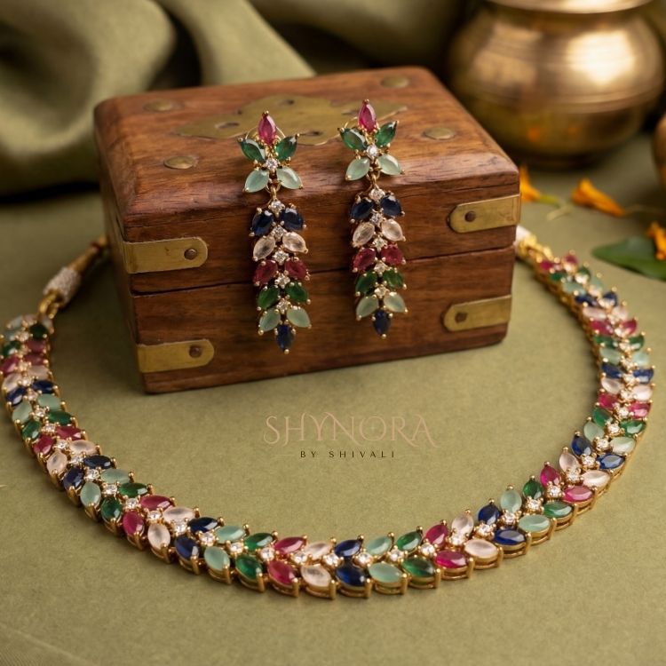 Multicolour AD Stone Necklace Set with Maang Tikka