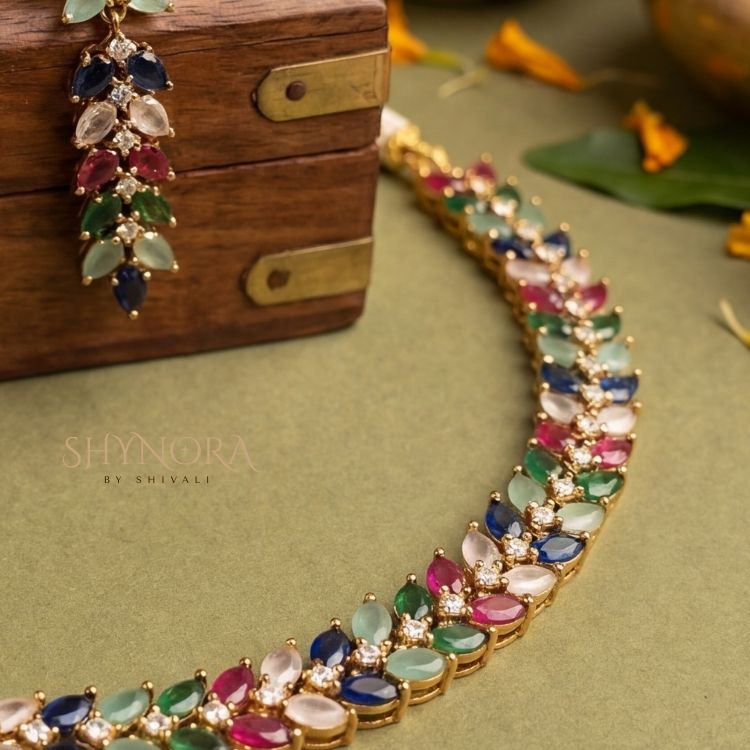Multicolour AD Stone Necklace Set with Maang Tikka