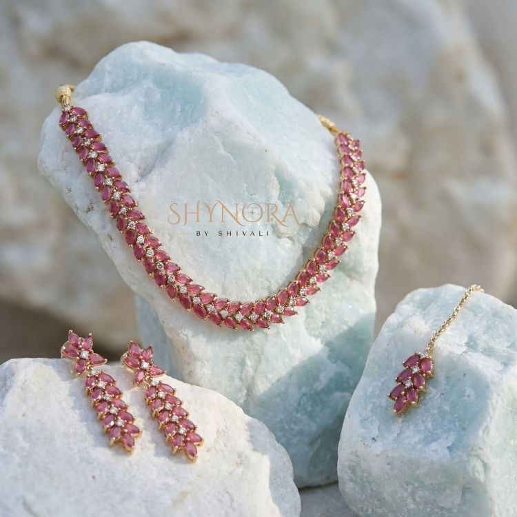 Ruby Red AD Stone Necklace Set with Maang Tikka