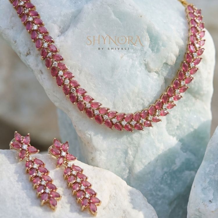 Ruby Red AD Stone Necklace Set with Maang Tikka