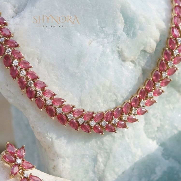 Ruby Red AD Stone Necklace Set with Maang Tikka