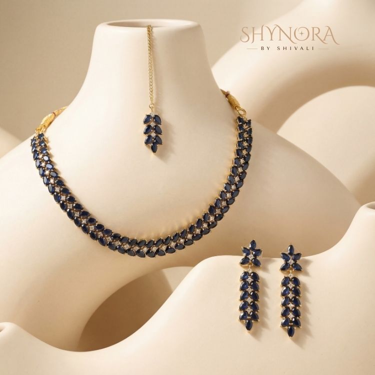 Blue AD Stone Necklace Set with Maang Tikka