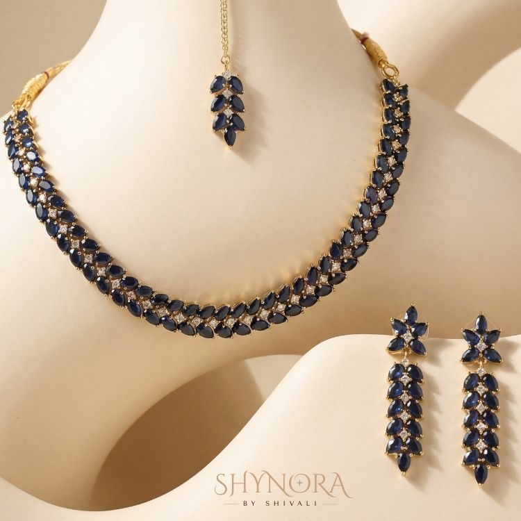 Blue AD Stone Necklace Set with Maang Tikka