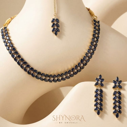 Blue AD Stone Necklace Set with Maang Tikka