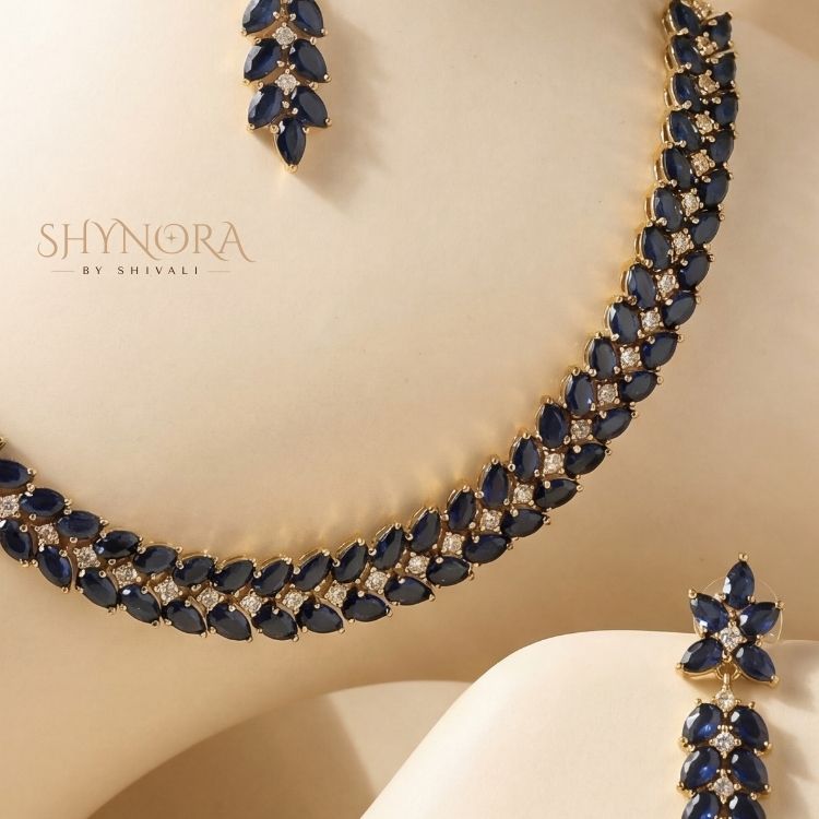 Blue AD Stone Necklace Set with Maang Tikka