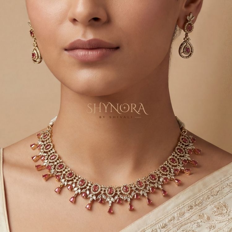 Heer Ruby Hanging Drops AD Necklace Set