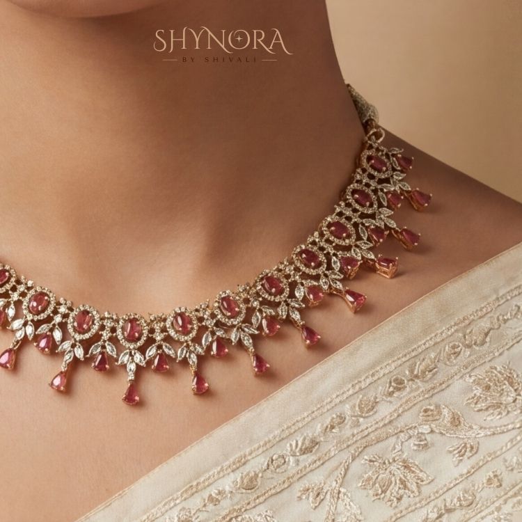 Heer Ruby Hanging Drops AD Necklace Set