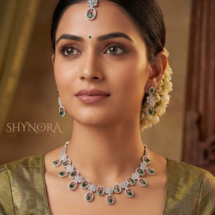 Zara Emerald Oval Drops AD Necklace Set