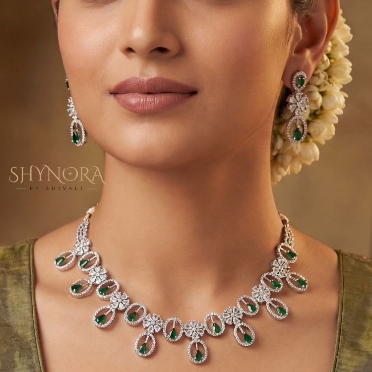 Zara Emerald Oval Drops AD Necklace Set